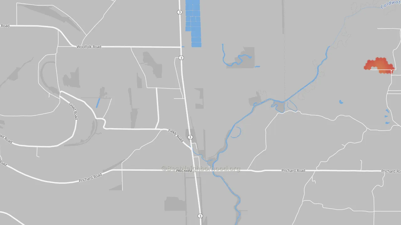 Walk Grade map of Prichard, MS, walkable areas in green and car-dependent areas in red