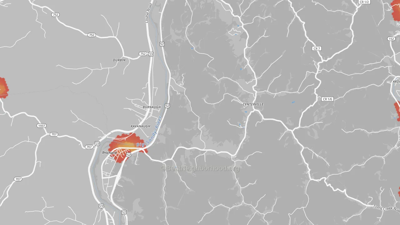 Walk Grade map of Prichard, WV, walkable areas in green and car-dependent areas in red