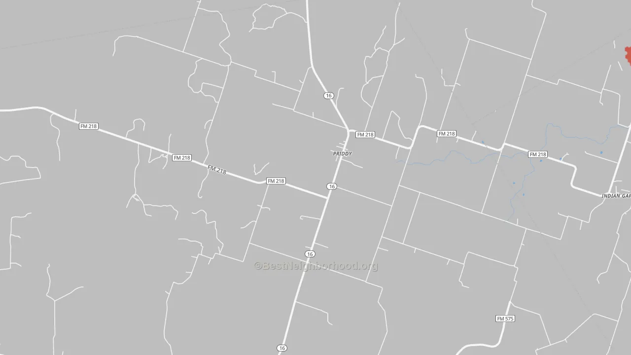 Walk Grade map of Priddy, TX, walkable areas in green and car-dependent areas in red