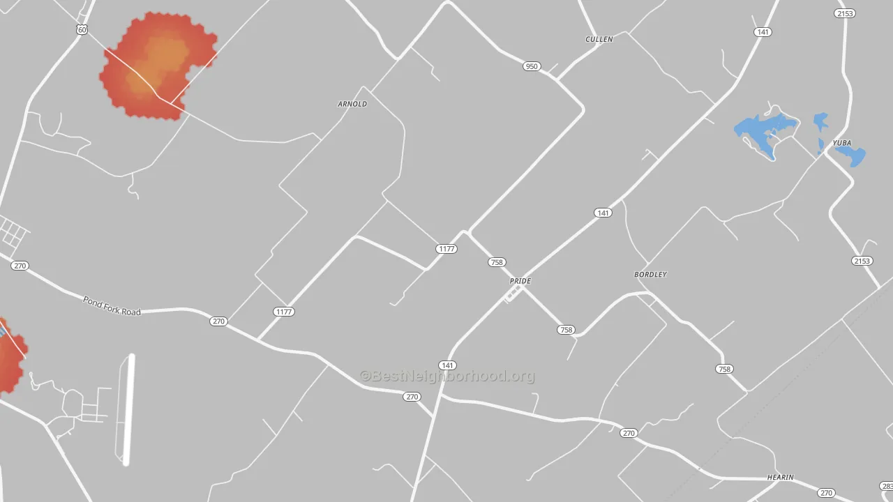 Walk Grade map of Pride, KY, walkable areas in green and car-dependent areas in red