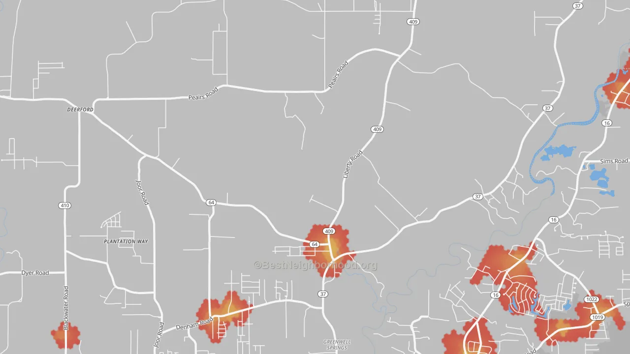 Walk Grade map of Pride, LA, walkable areas in green and car-dependent areas in red