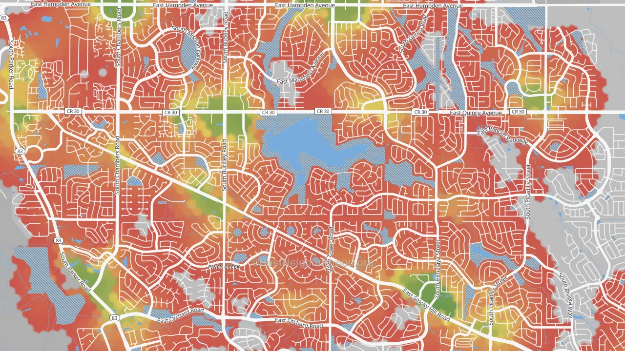 Walk Grade map of Prides Crossing, Aurora, CO, walkable areas in green and car-dependent areas in red