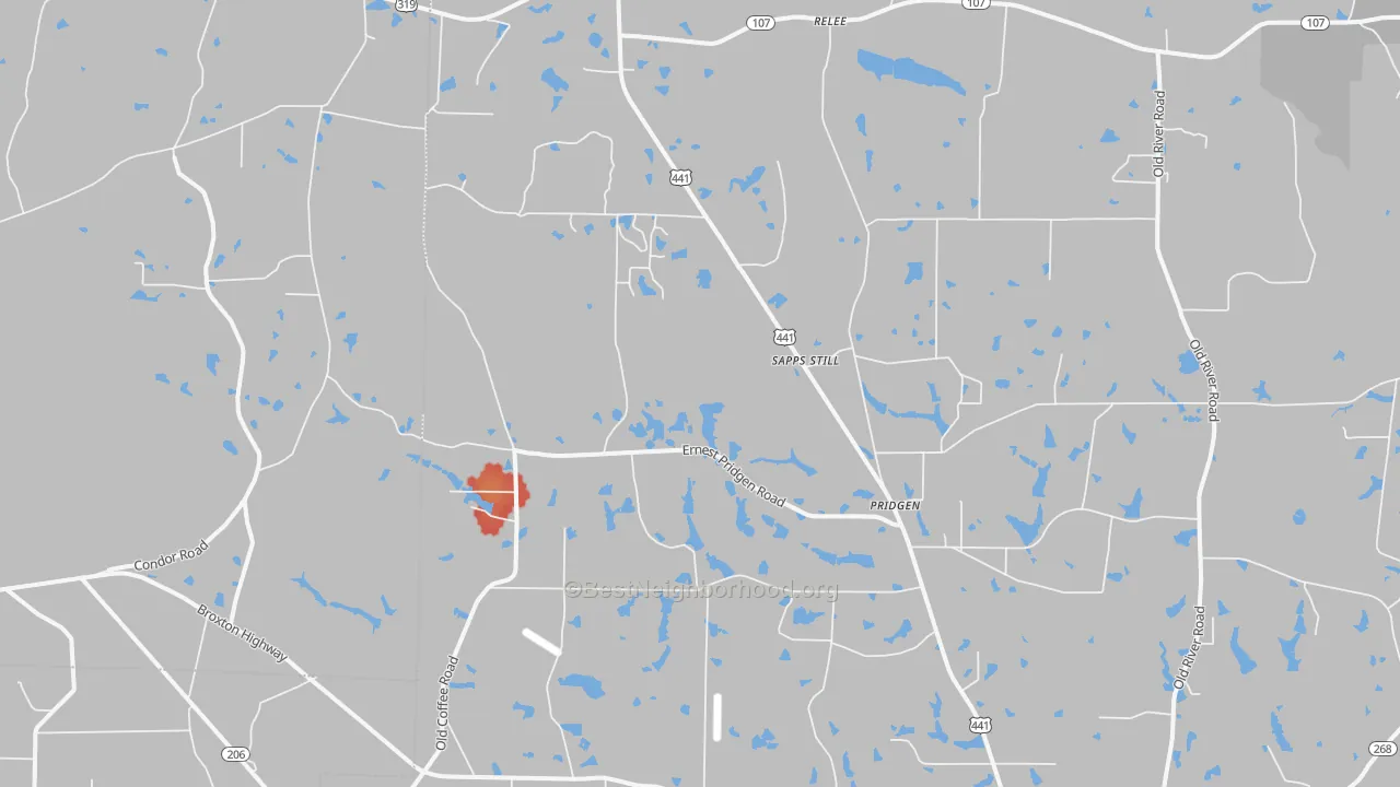 Walk Grade map of Pridgen, GA, walkable areas in green and car-dependent areas in red