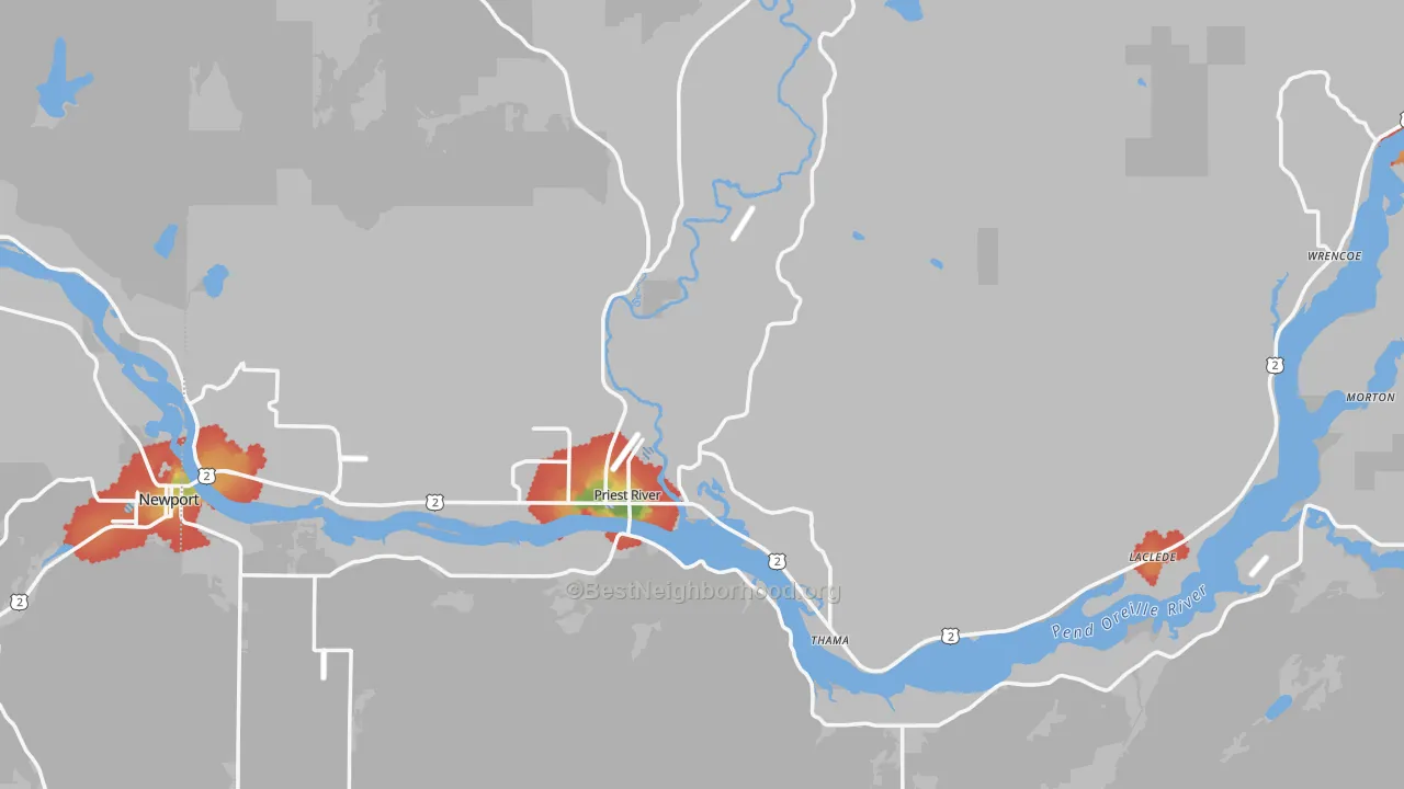 Walk Grade map of Priest River, ID, walkable areas in green and car-dependent areas in red