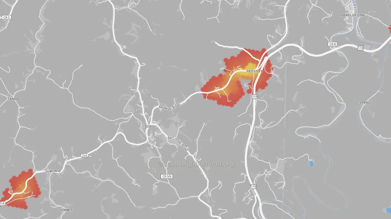 Walk Grade map of Priestley, WV, walkable areas in green and car-dependent areas in red
