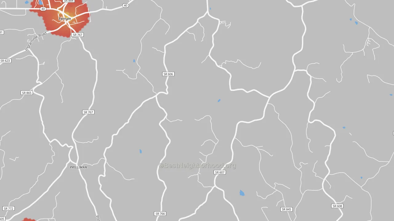 Walk Grade map of Prilliman, VA, walkable areas in green and car-dependent areas in red