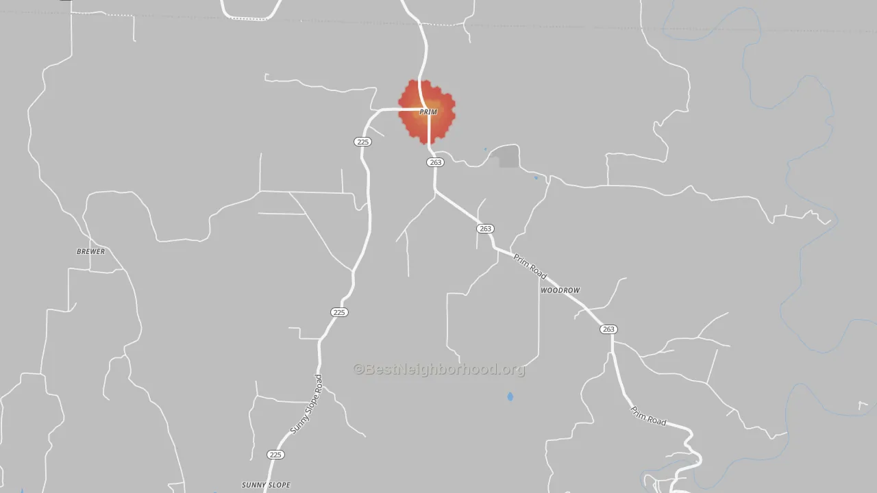 Walk Grade map of Prim, AR, walkable areas in green and car-dependent areas in red