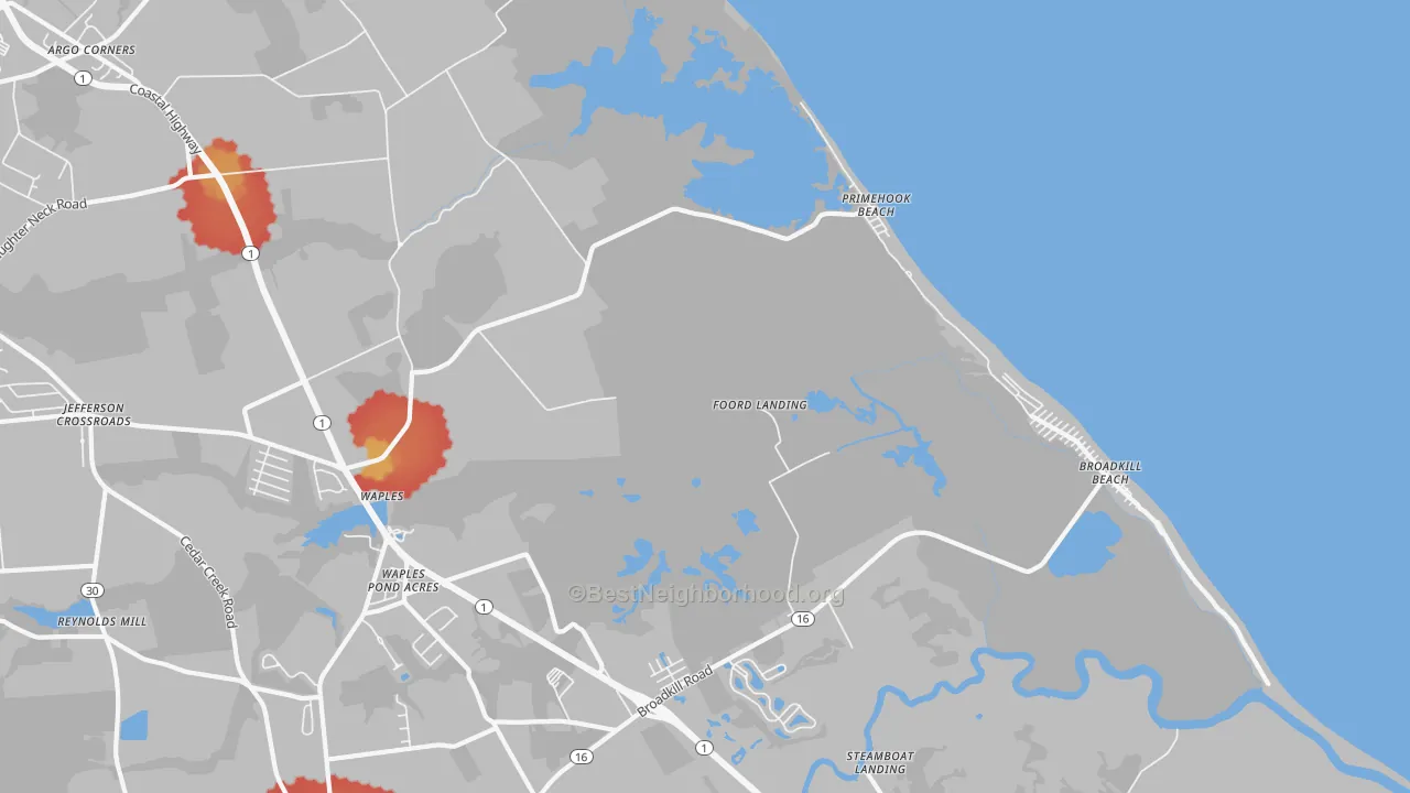Walk Grade map of Primehook Beach, DE, walkable areas in green and car-dependent areas in red