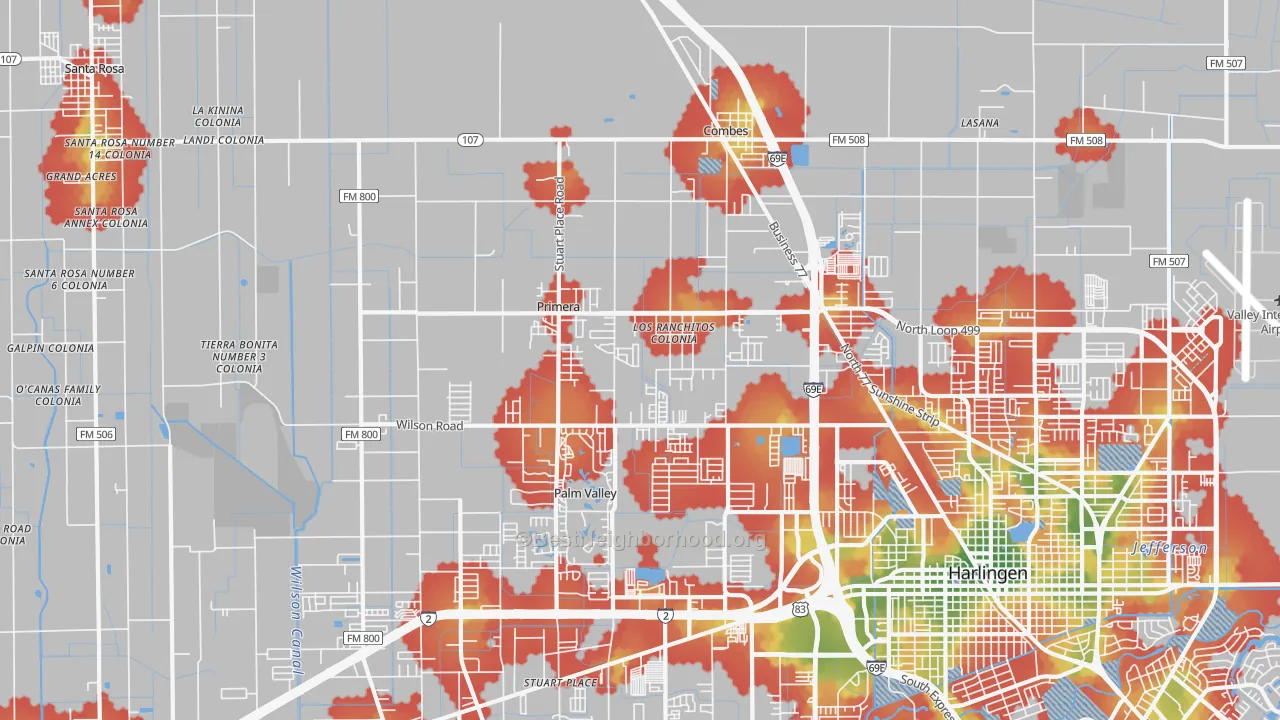 Walk Grade map of Primera, TX, walkable areas in green and car-dependent areas in red