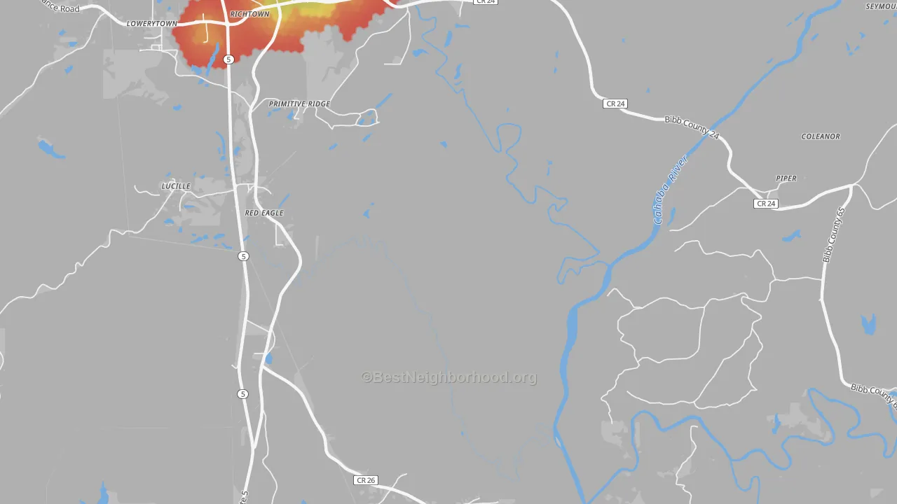 Walk Grade map of Primitive Ridge, AL, walkable areas in green and car-dependent areas in red