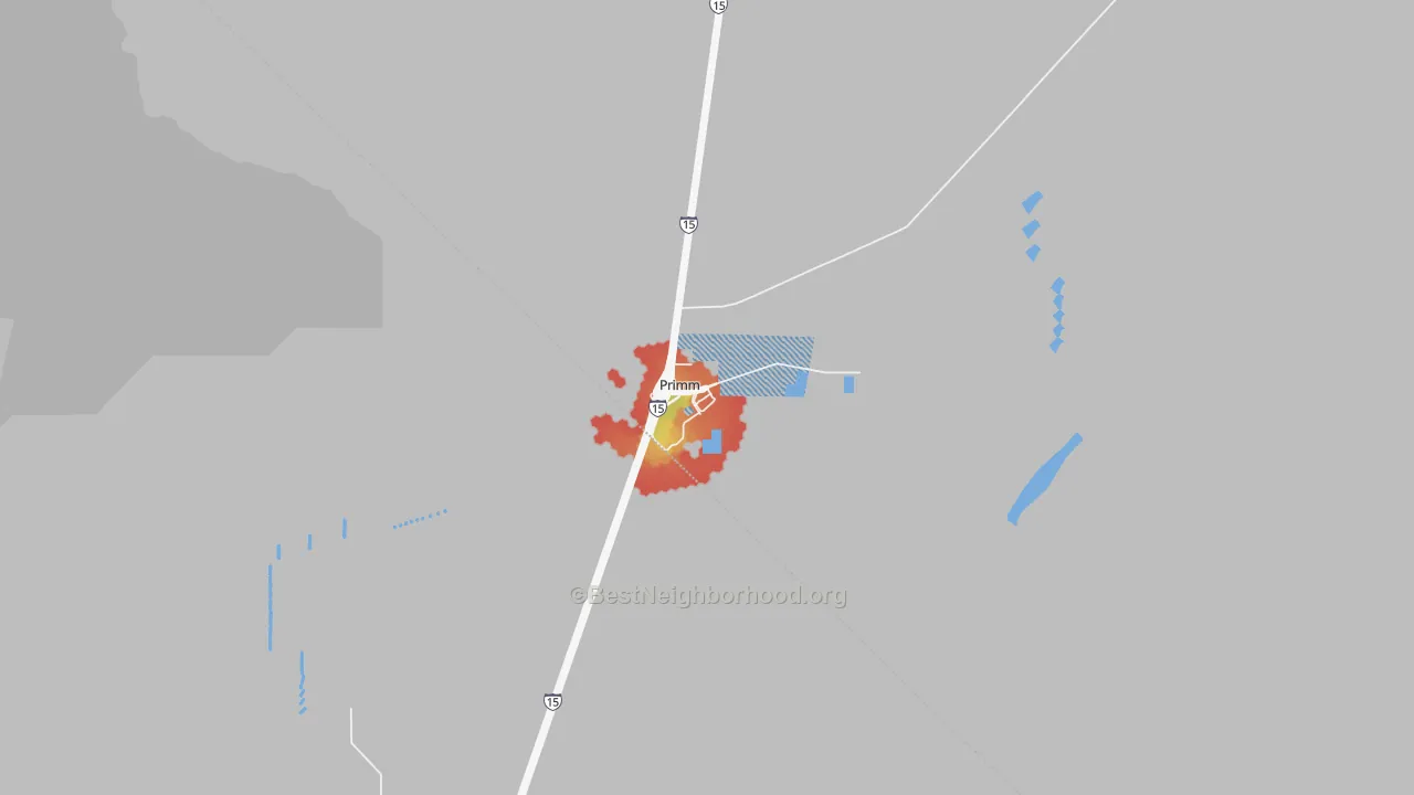 Walk Grade map of Primm, NV, walkable areas in green and car-dependent areas in red