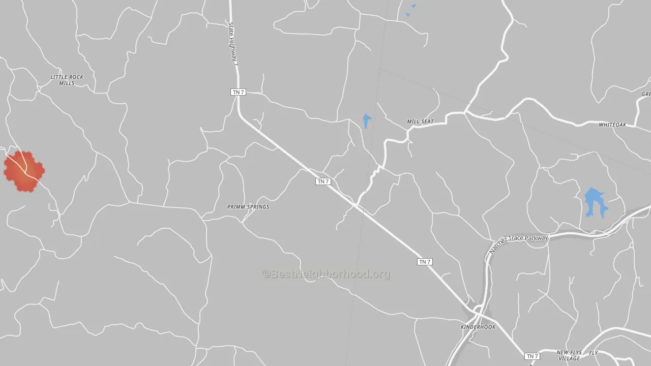 Walk Grade map of Primm Springs, TN, walkable areas in green and car-dependent areas in red