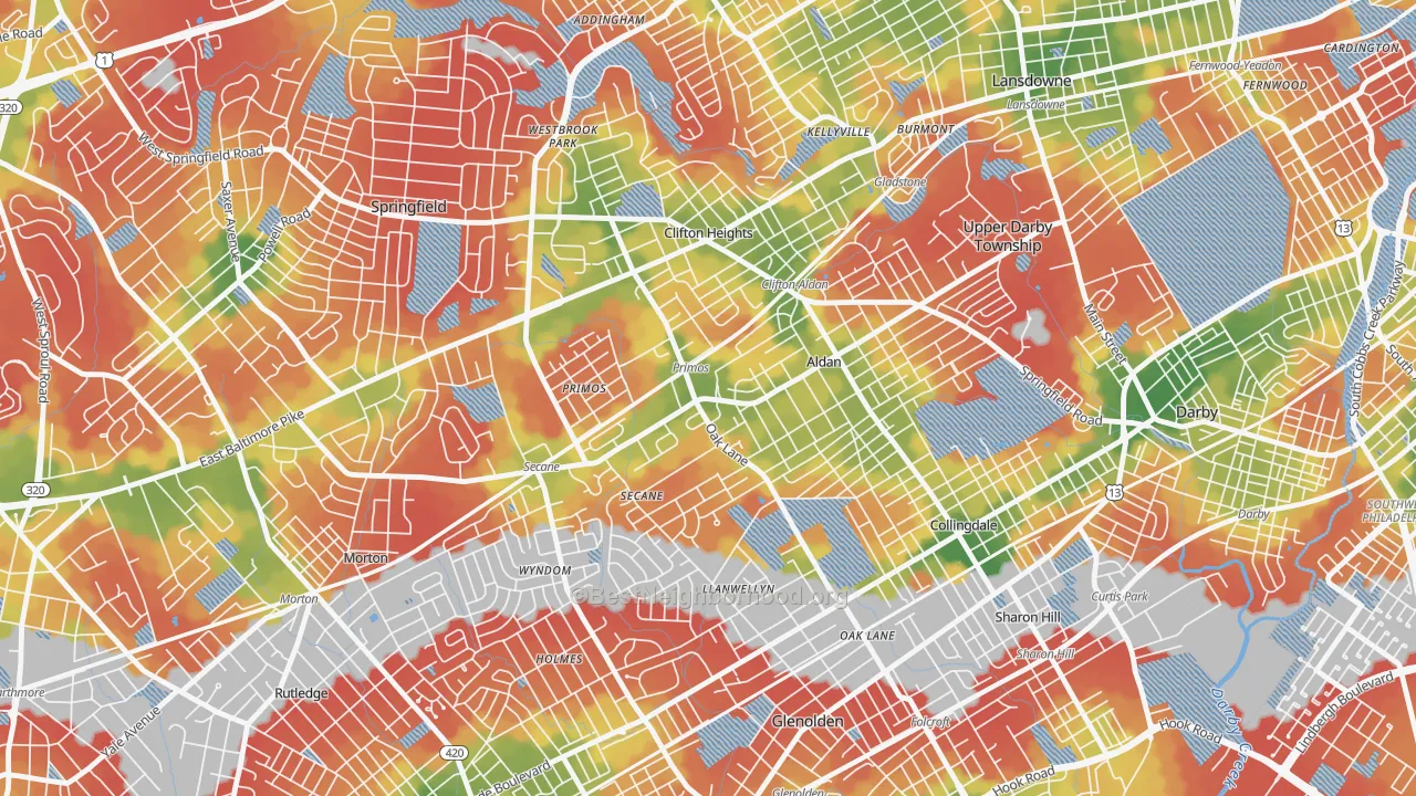 Walk Grade map of Primos, PA, walkable areas in green and car-dependent areas in red