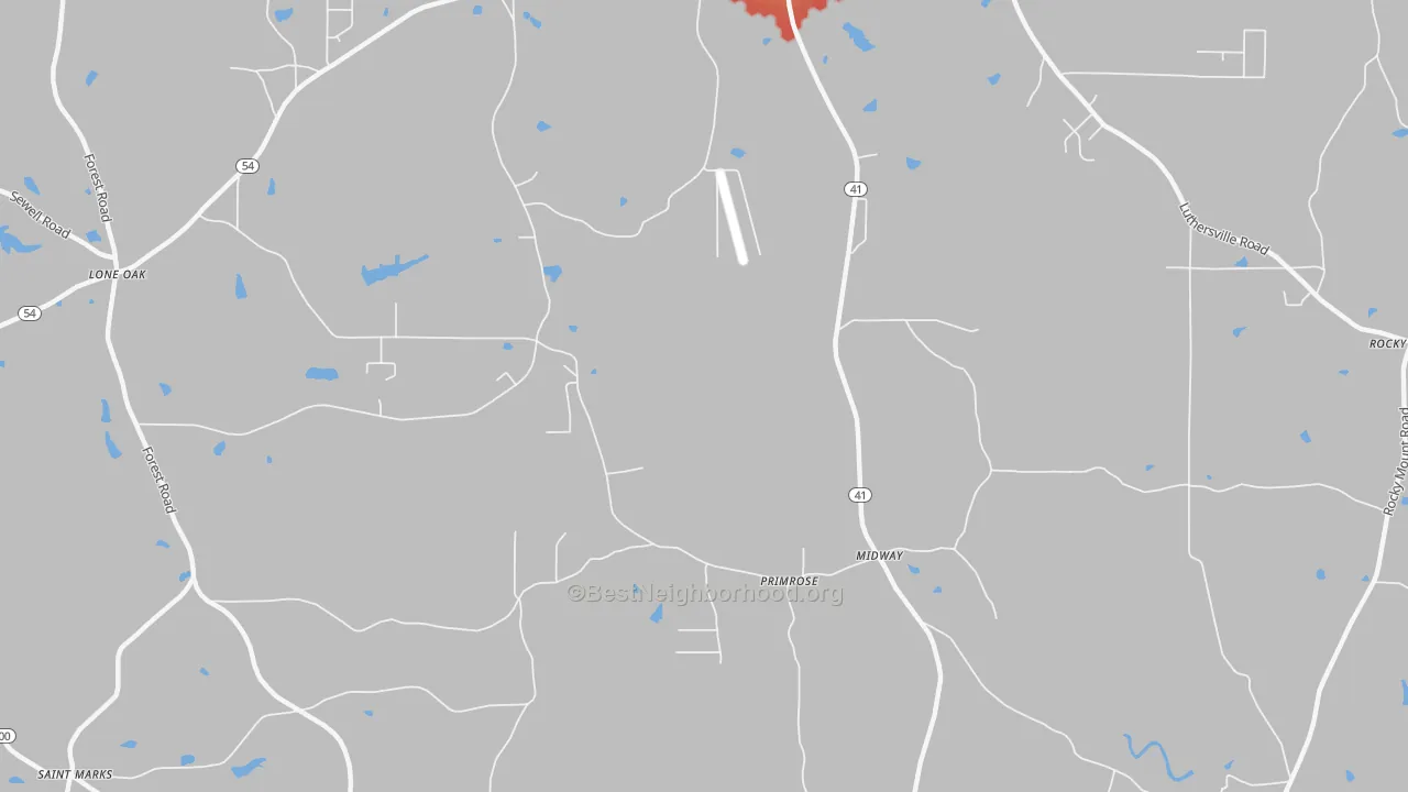 Walk Grade map of Primrose, GA, walkable areas in green and car-dependent areas in red