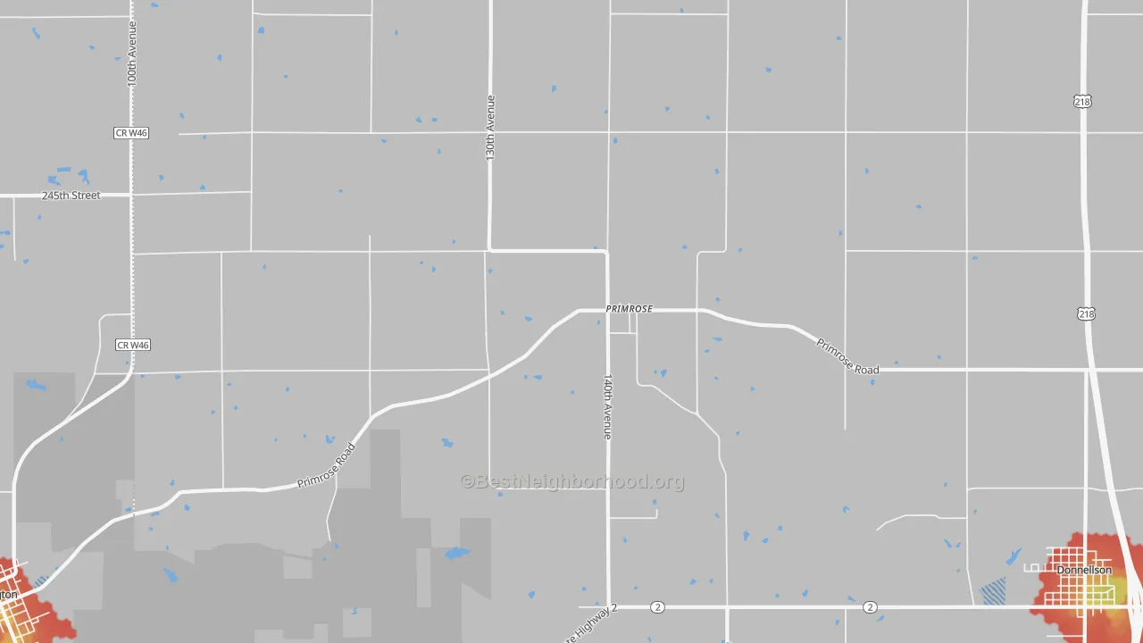 Walk Grade map of Primrose, IA, walkable areas in green and car-dependent areas in red