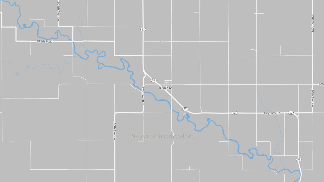 Walk Grade map of Primrose, NE, walkable areas in green and car-dependent areas in red