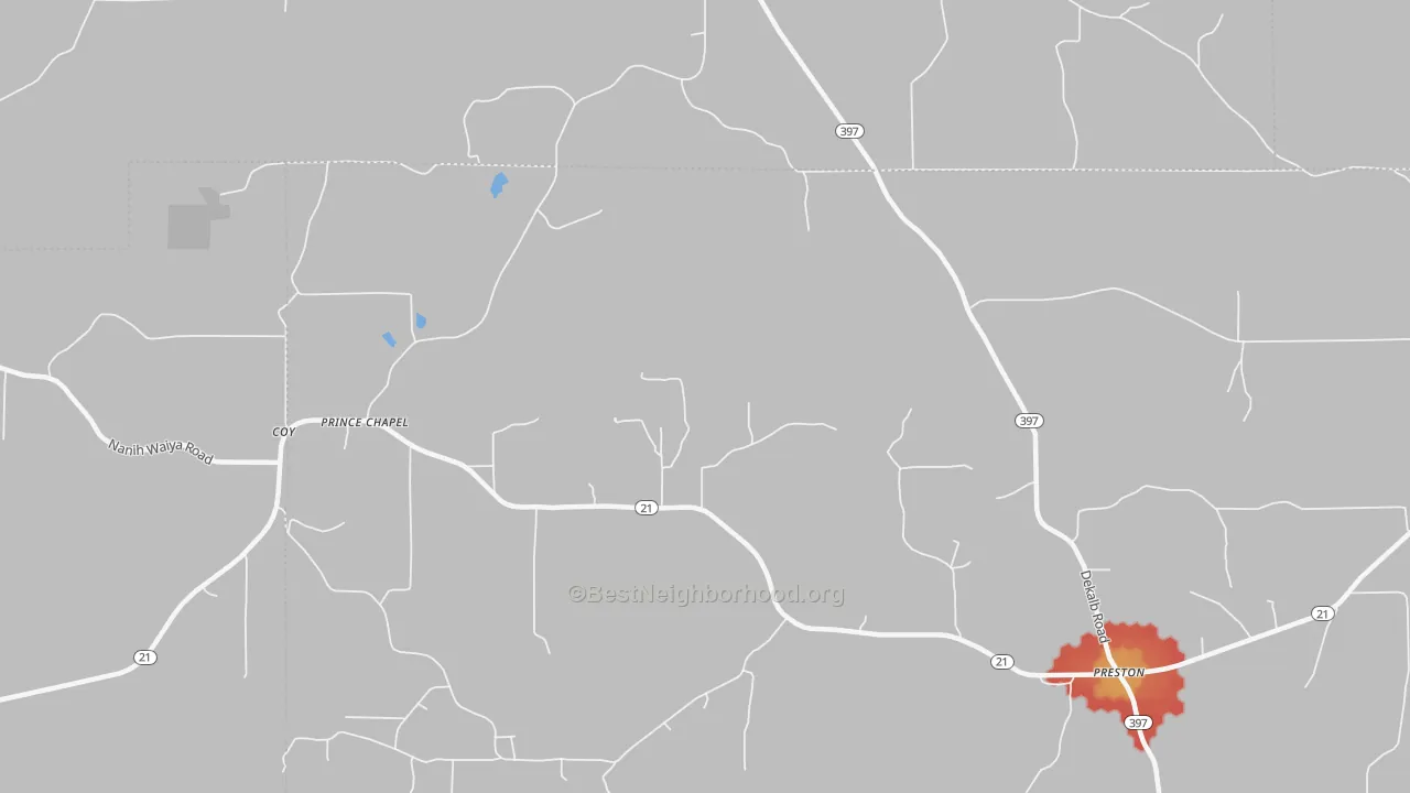 Walk Grade map of Prince Chapel, MS, walkable areas in green and car-dependent areas in red