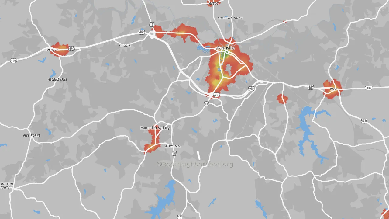 Walk Grade map of Prince Edward County, VA, walkable areas in green and car-dependent areas in red