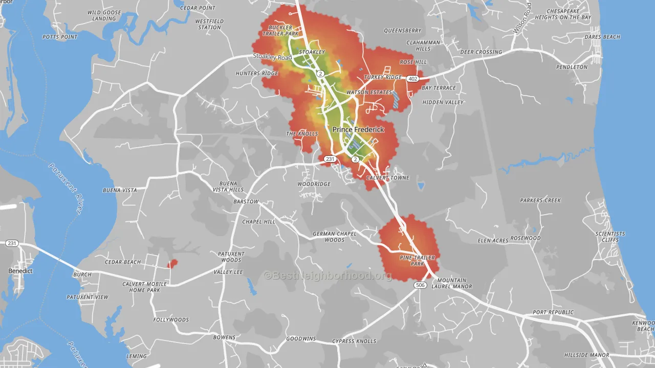 Walk Grade map of Prince Frederick, MD, walkable areas in green and car-dependent areas in red
