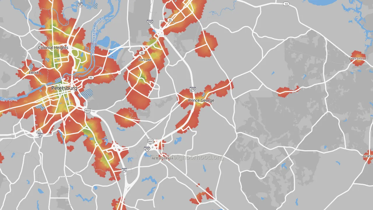 Walk Grade map of Prince George County, VA, walkable areas in green and car-dependent areas in red