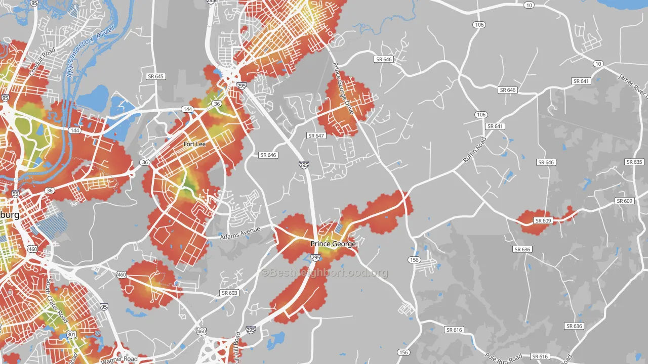 Walk Grade map of Prince George, VA, walkable areas in green and car-dependent areas in red
