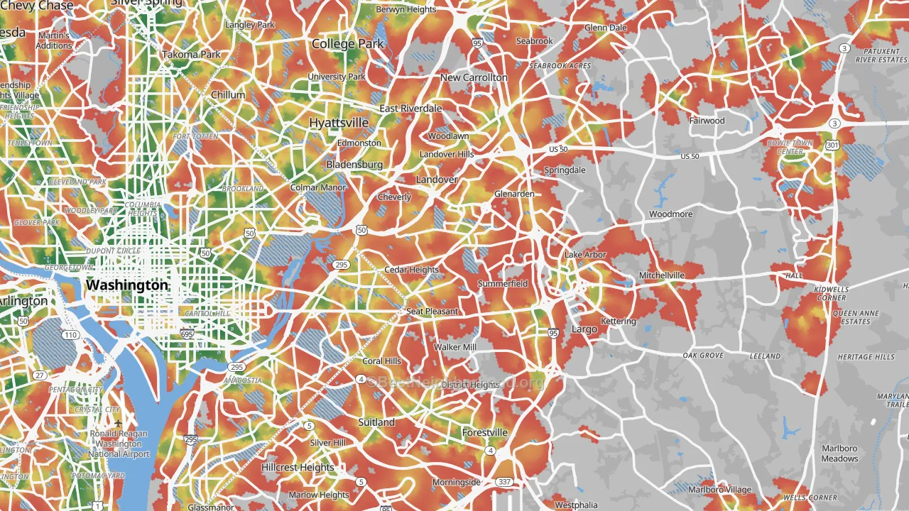 Walk Grade map of Prince George's County, MD, walkable areas in green and car-dependent areas in red