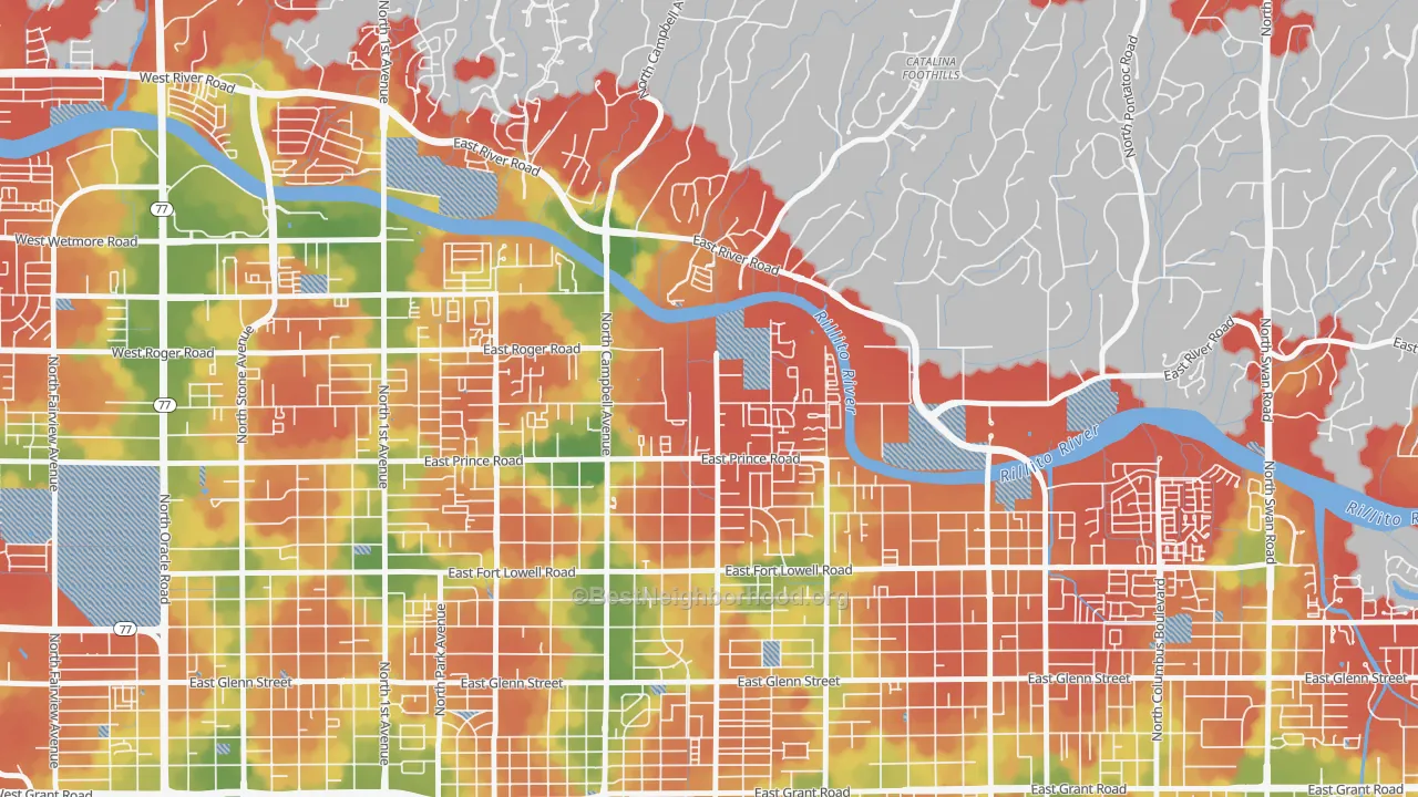Walk Grade map of Prince Tucson, Tucson, AZ, walkable areas in green and car-dependent areas in red
