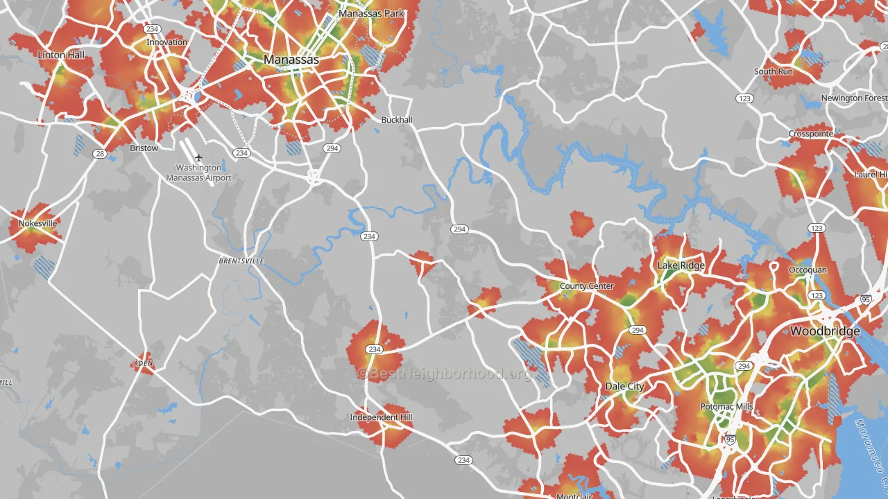 Walk Grade map of Prince William County, VA, walkable areas in green and car-dependent areas in red