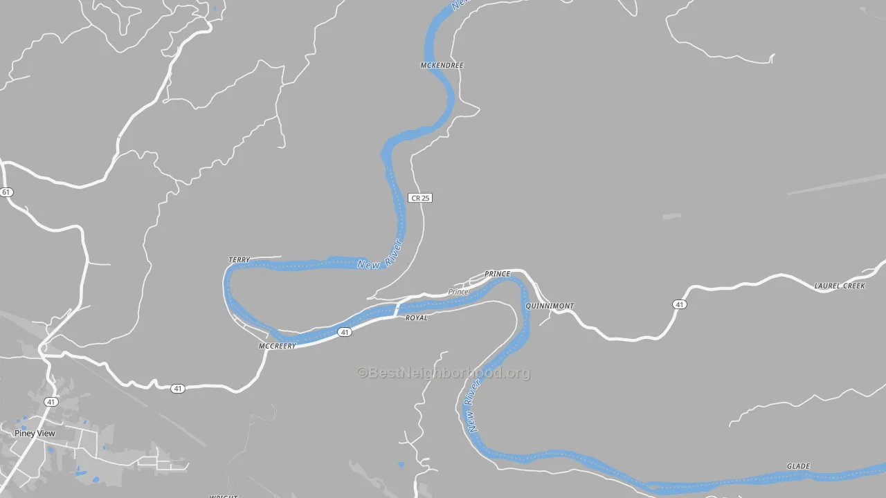 Walk Grade map of Prince, WV, walkable areas in green and car-dependent areas in red