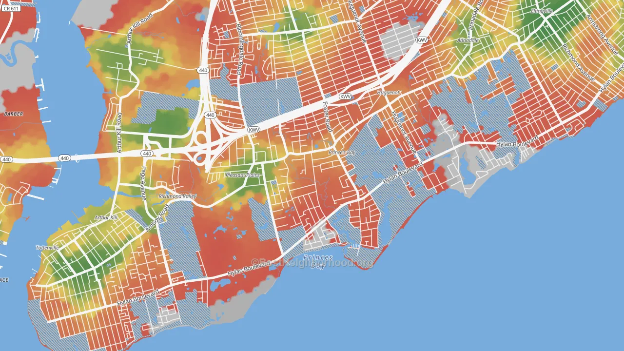 Walk Grade map of Prince's Bay, Staten Island, NY, walkable areas in green and car-dependent areas in red