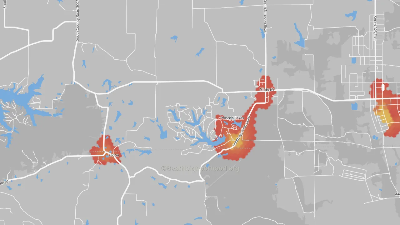 Walk Grade map of Princes Lakes, IN, walkable areas in green and car-dependent areas in red