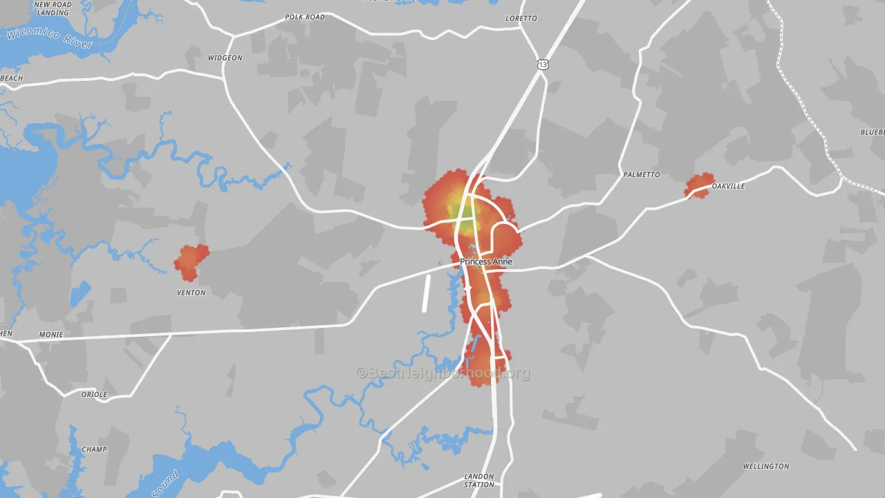Walk Grade map of Princess Anne, MD, walkable areas in green and car-dependent areas in red