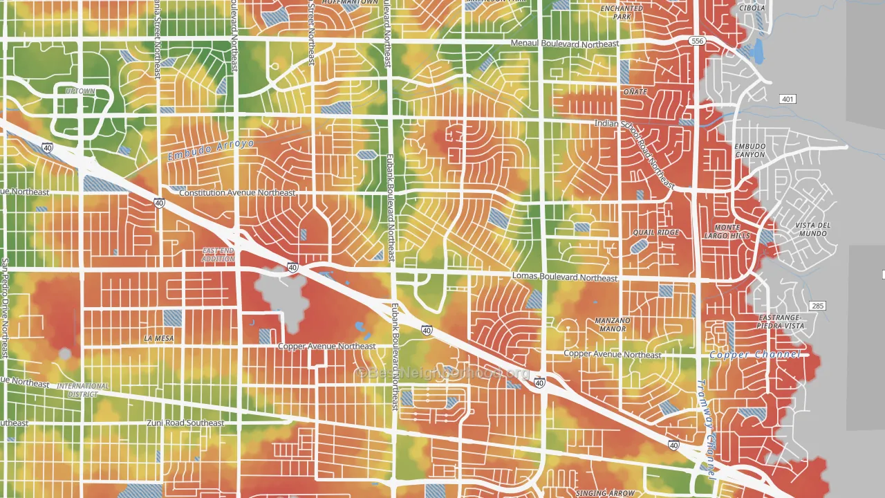 Walk Grade map of Princess Jeanne, Albuquerque, NM, walkable areas in green and car-dependent areas in red