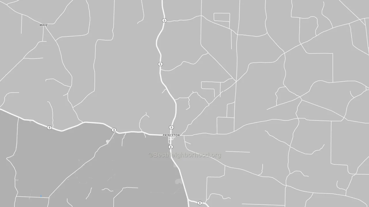 Walk Grade map of Princeton, AR, walkable areas in green and car-dependent areas in red