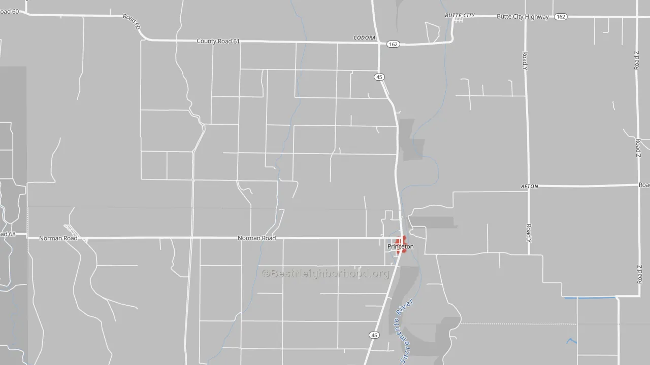 Walk Grade map of Princeton, CA, walkable areas in green and car-dependent areas in red
