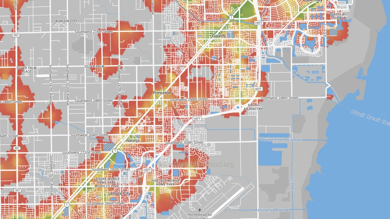 Walk Grade map of Princeton, FL, walkable areas in green and car-dependent areas in red