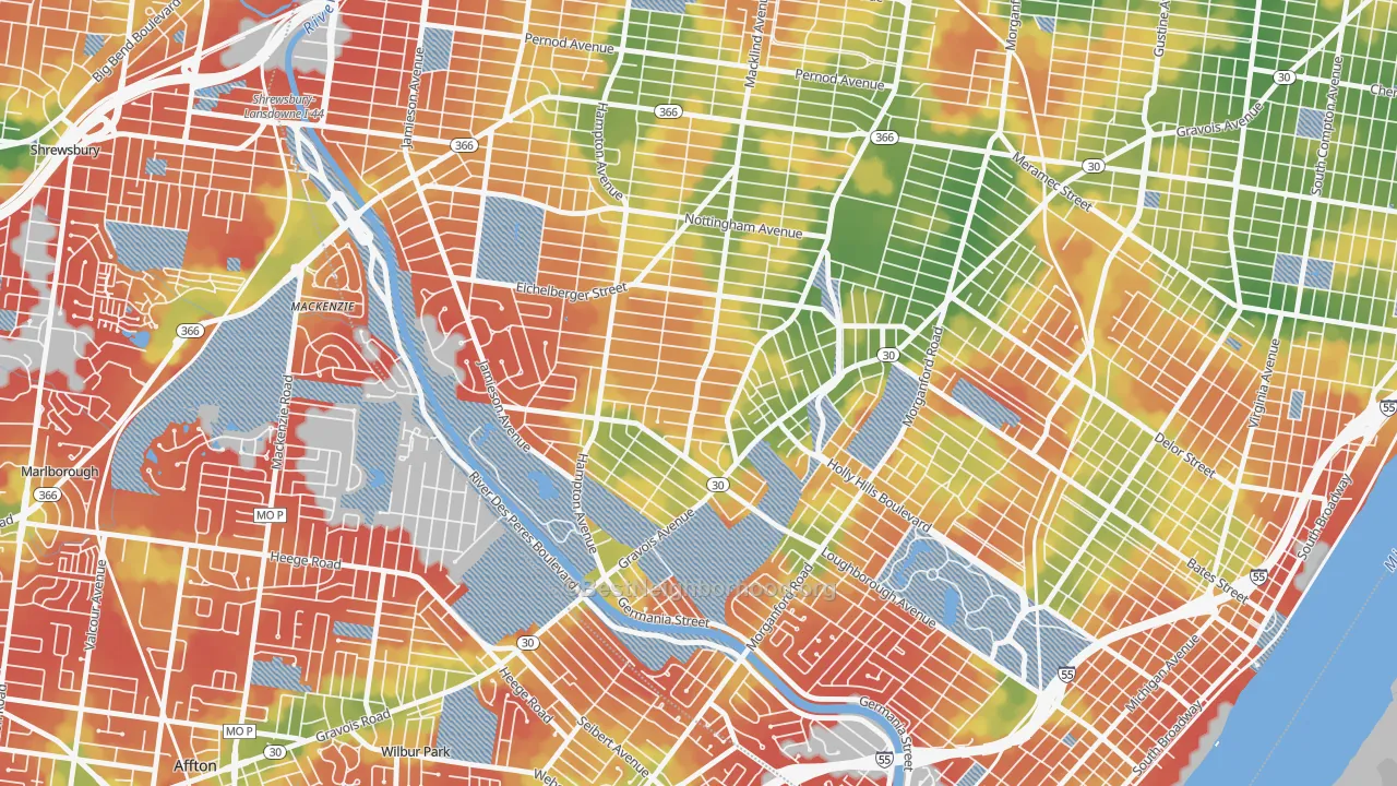 Walk Grade map of Princeton Heights, St. Louis, MO, walkable areas in green and car-dependent areas in red