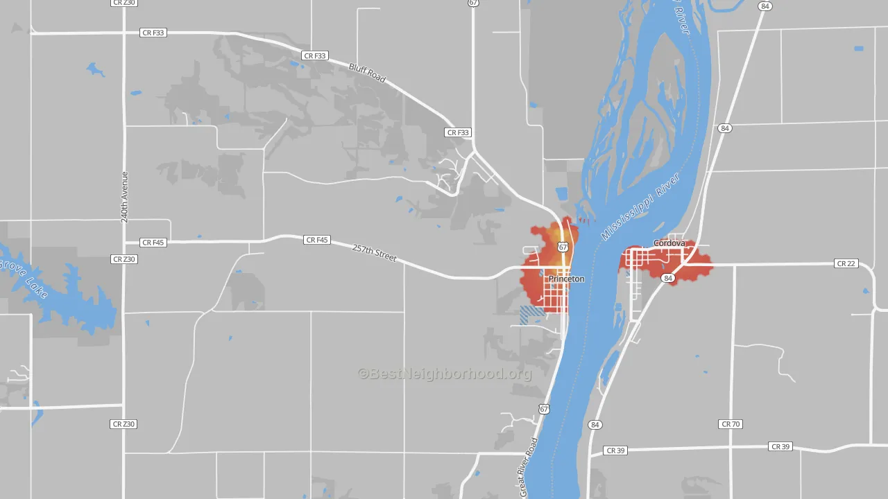 Walk Grade map of Princeton, IA, walkable areas in green and car-dependent areas in red