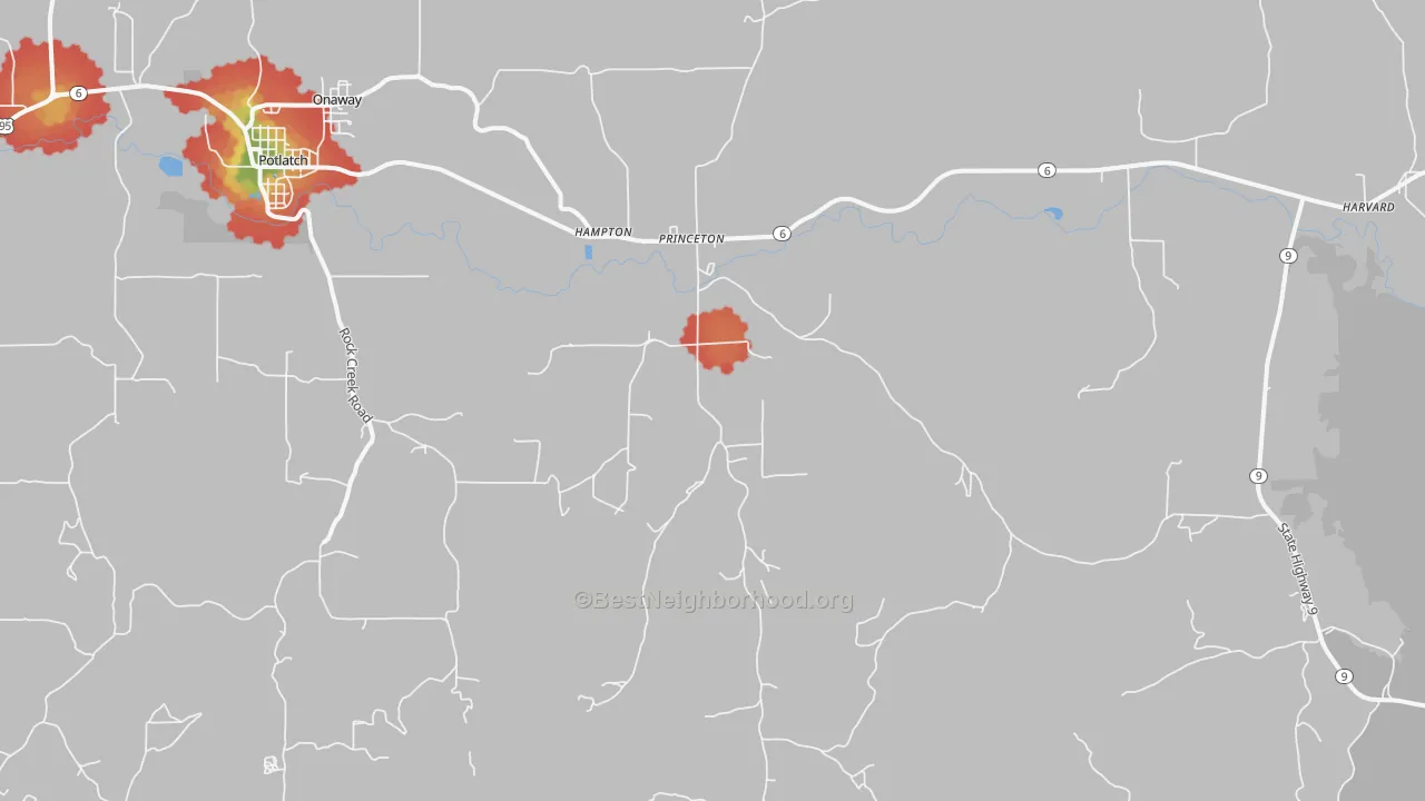 Walk Grade map of Princeton, ID, walkable areas in green and car-dependent areas in red