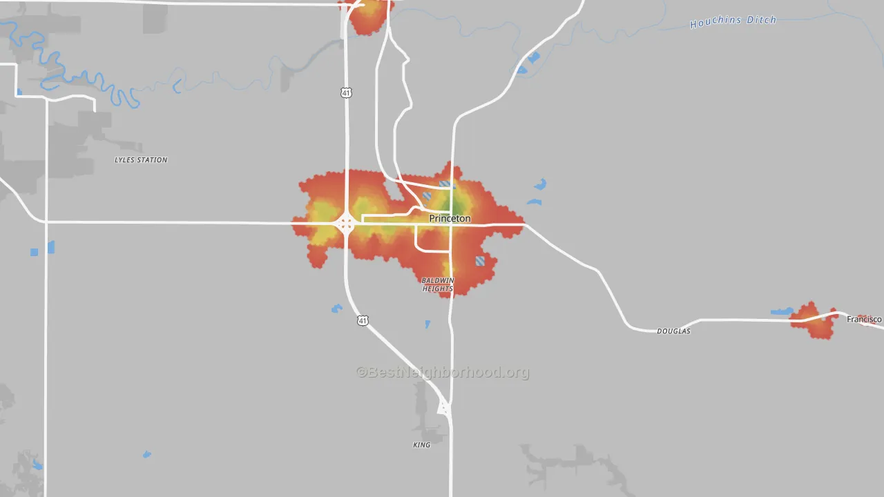 Walk Grade map of Princeton, IN, walkable areas in green and car-dependent areas in red