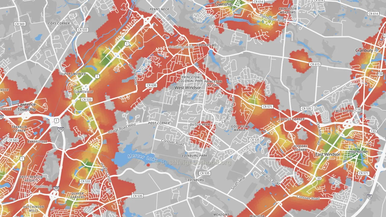 Walk Grade map of Princeton Junction, NJ, walkable areas in green and car-dependent areas in red