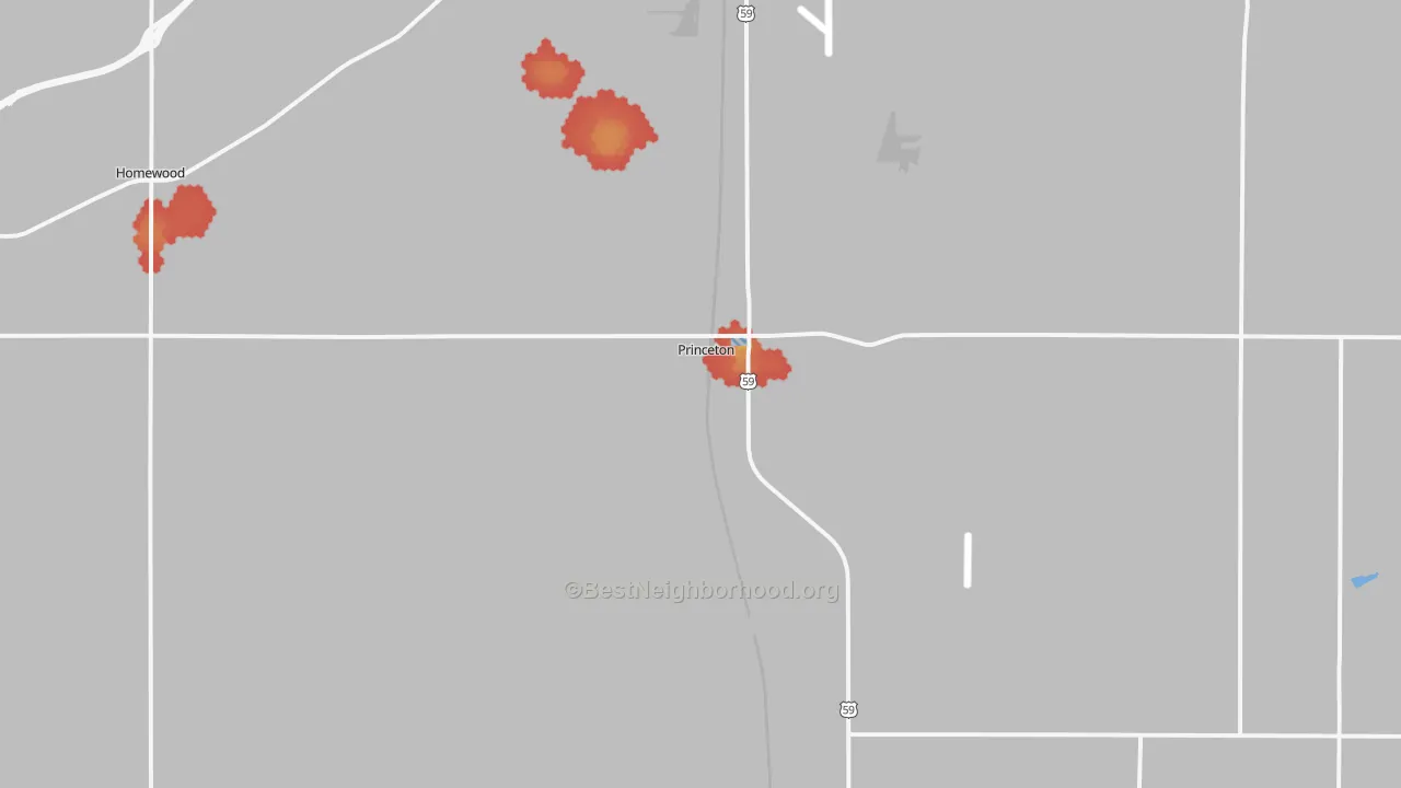 Walk Grade map of Princeton, KS, walkable areas in green and car-dependent areas in red