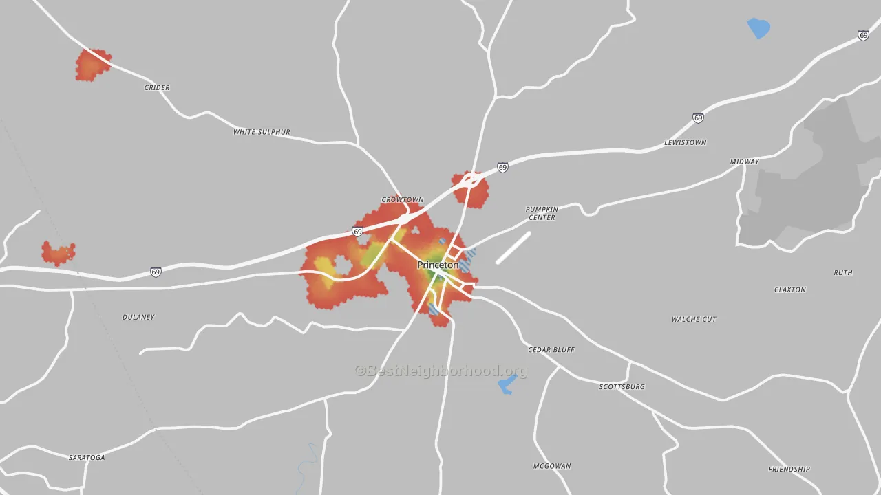 Walk Grade map of Princeton, KY, walkable areas in green and car-dependent areas in red