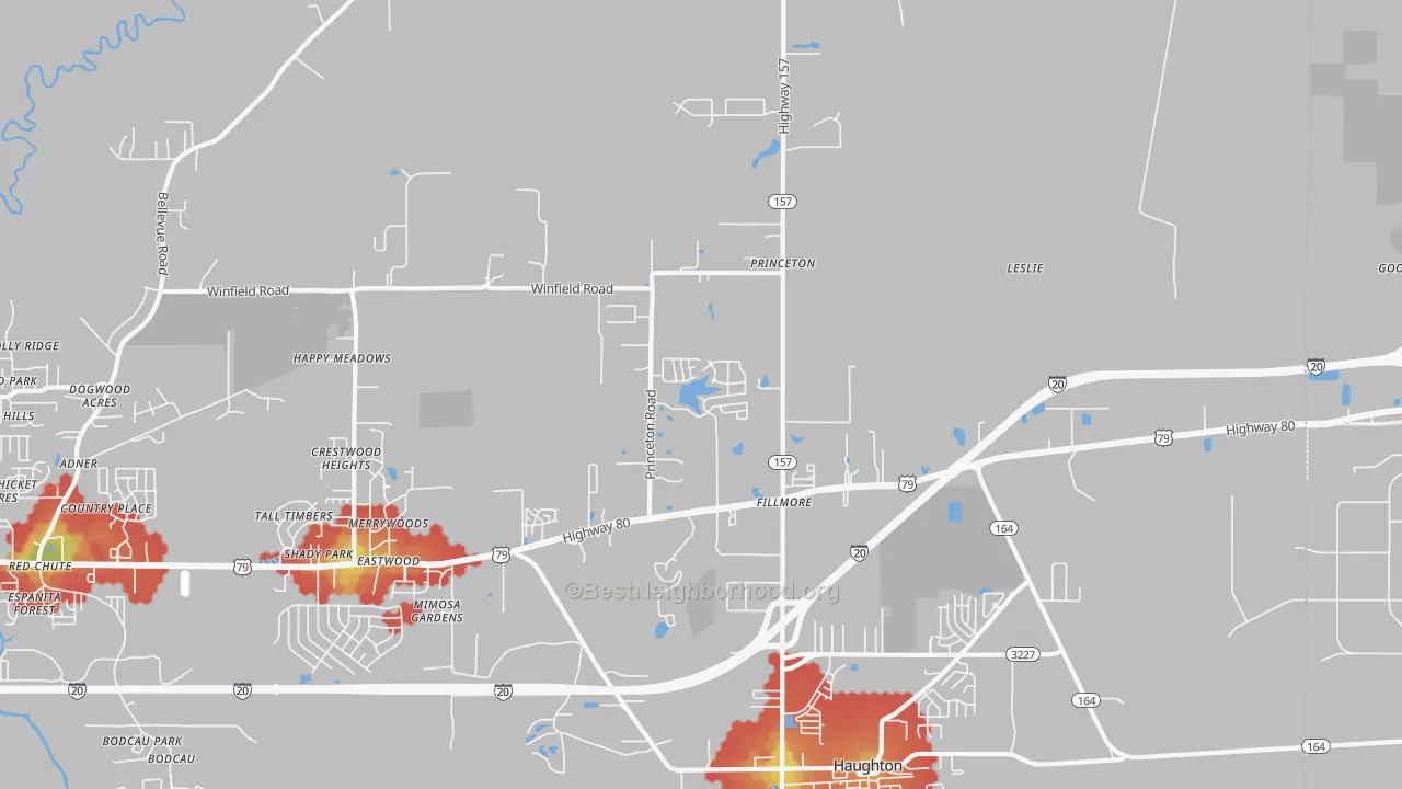 Walk Grade map of Princeton, LA, walkable areas in green and car-dependent areas in red