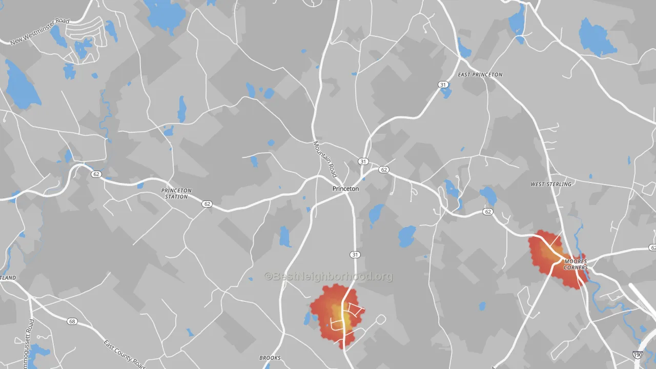 Walk Grade map of Princeton, MA, walkable areas in green and car-dependent areas in red