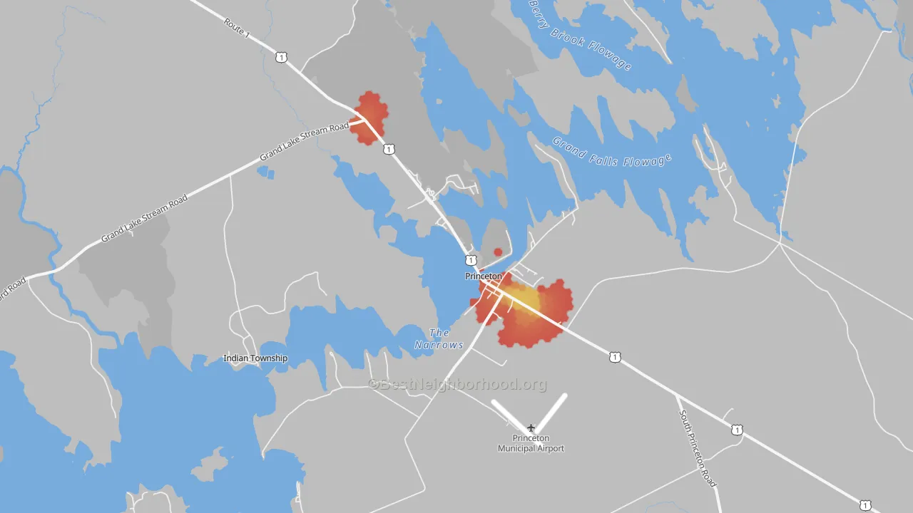 Walk Grade map of Princeton, ME, walkable areas in green and car-dependent areas in red
