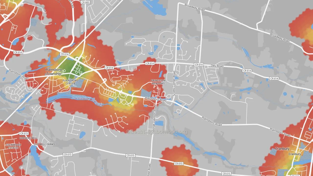 Walk Grade map of Princeton Meadows, NJ, walkable areas in green and car-dependent areas in red
