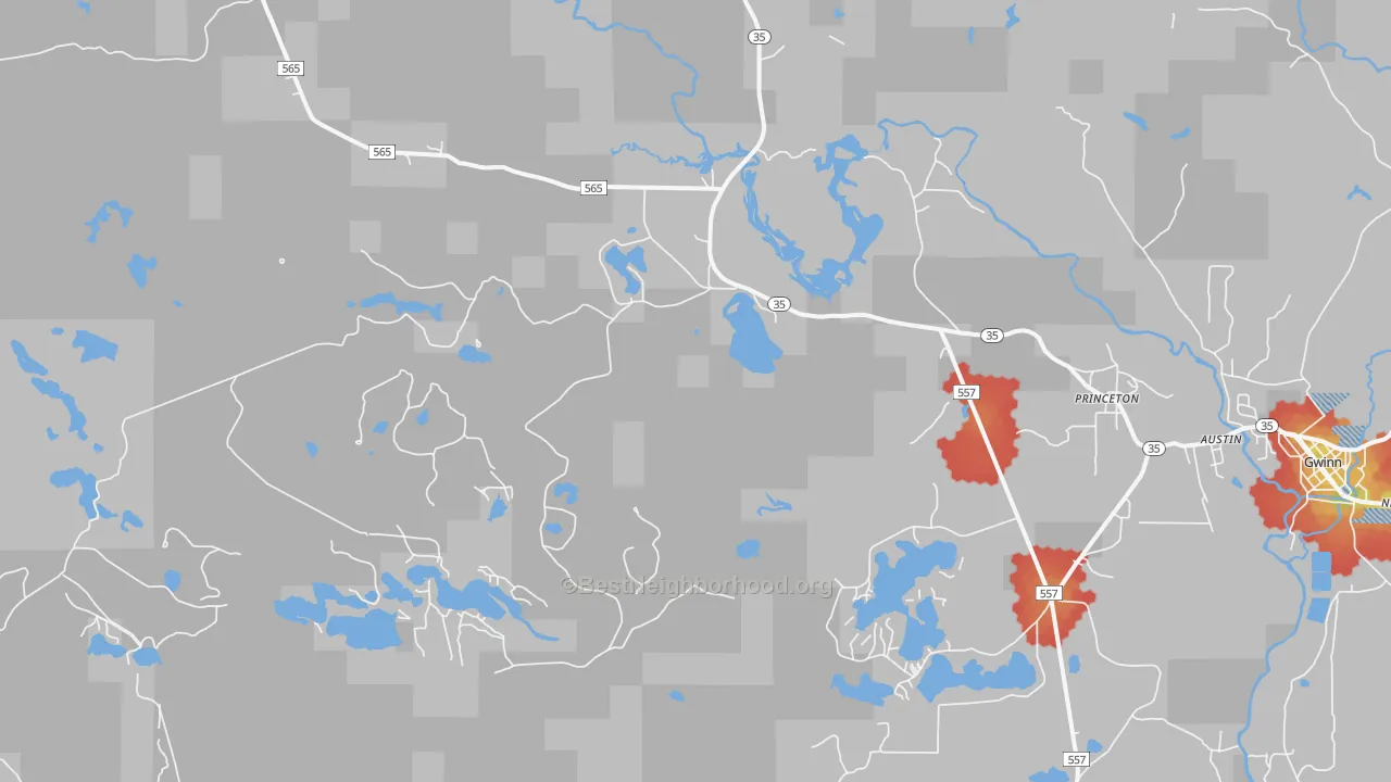 Walk Grade map of Princeton, MI, walkable areas in green and car-dependent areas in red