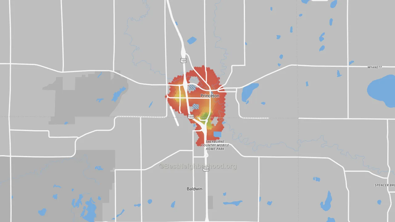 Walk Grade map of Princeton, MN, walkable areas in green and car-dependent areas in red