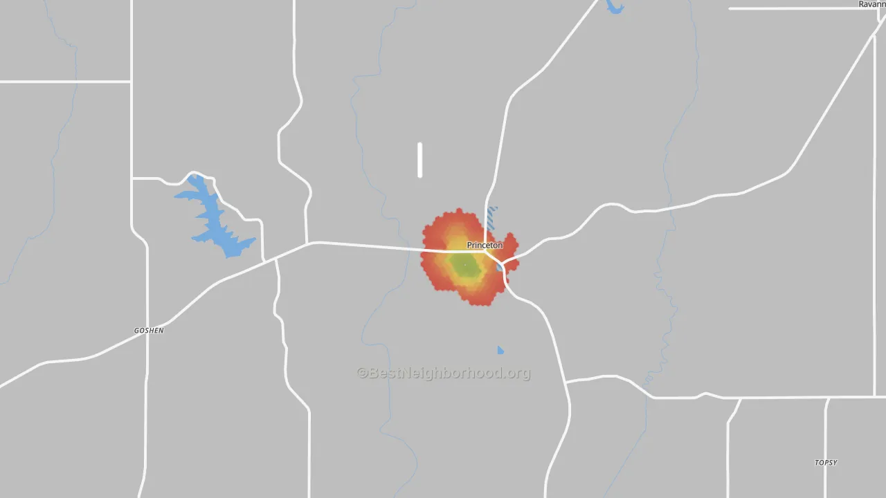 Walk Grade map of Princeton, MO, walkable areas in green and car-dependent areas in red